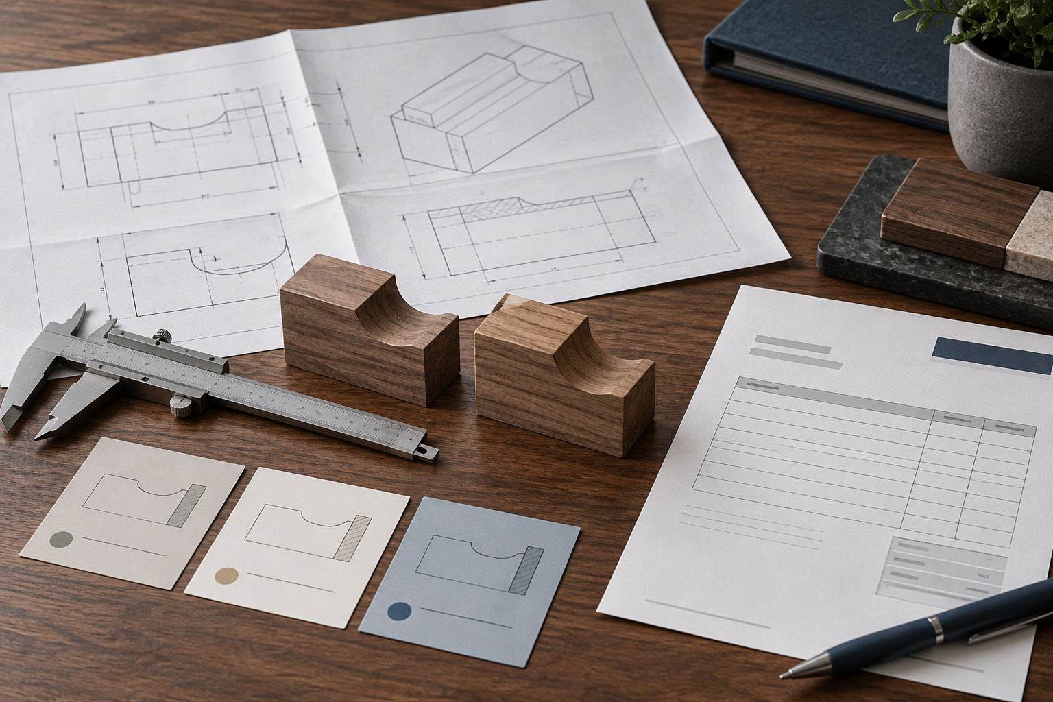 Illustration conceptuelle : plans de fabrication, échantillons et instrument de mesure