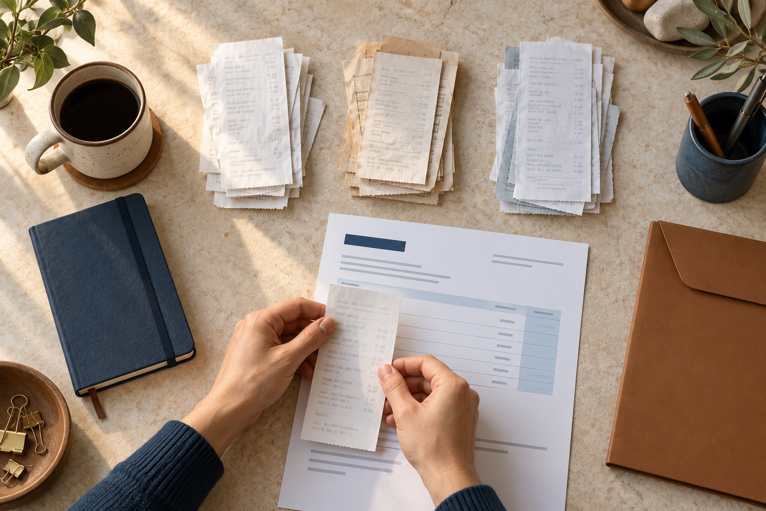 Illustration : classement de reçus de dépenses et de documents de facturation