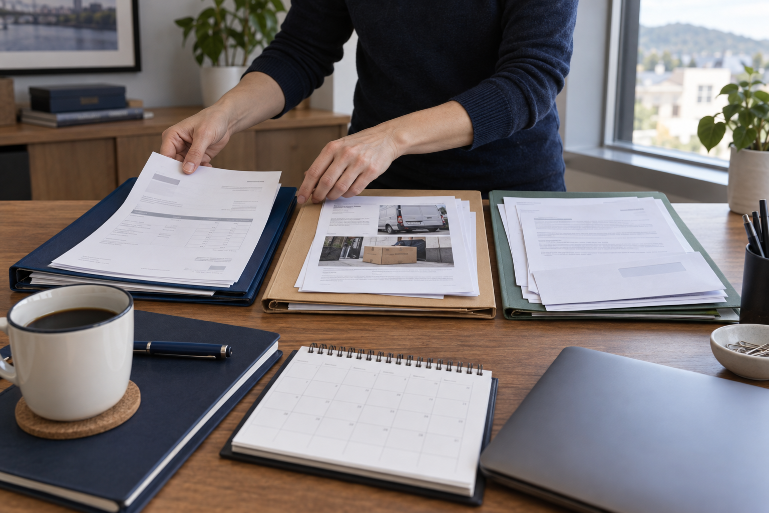 Illustration : classement de pièces commerciales sur un bureau